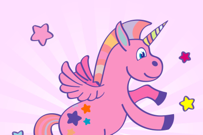 Hand drawn pink unicorn rainbow