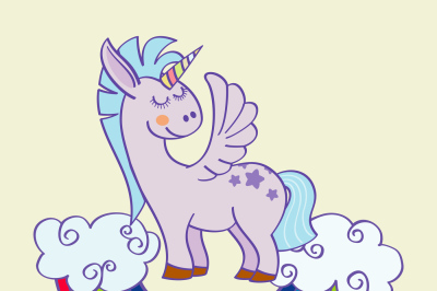 Vector winged unicorn standing on a rainbow with clouds