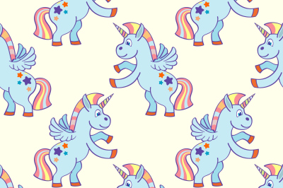 Pastel colored hand drawn unicorns seamless pattern