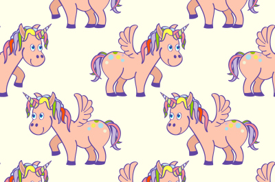 Pastel colored hand drawn unicorns seamless pattern