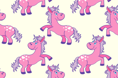 Pastel colored hand drawn unicorns seamless pattern