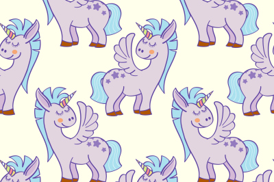 Pastel colored hand drawn unicorns seamless pattern