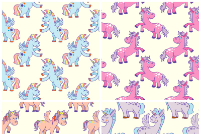 Vector hand drawn unicorns seamless patterns set