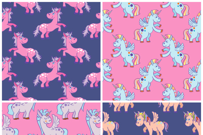 Vector hand drawn unicorns seamless patterns set