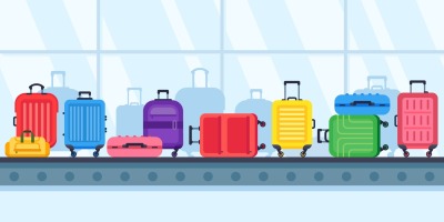 Baggage belt conveyor. Travel suitcases on airport luggage carousel, a