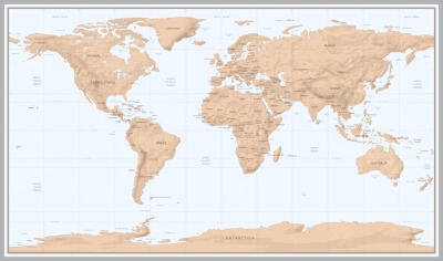 Vintage world map. Retro countries boundaries on topographic or marine