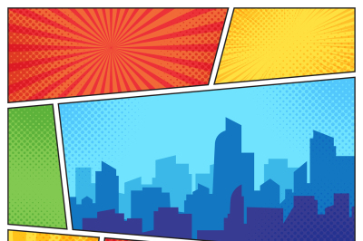 City on comic page. Comics book frames composition on strip halftone b