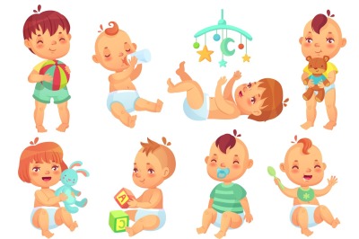 Smiling cartoon baby. Happy cute little kids playing with toys, small 