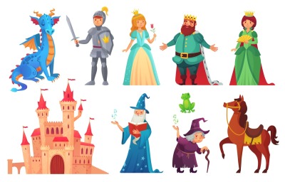 Fairy tales characters. Fantasy knight and dragon&2C; prince and princess