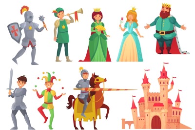 Medieval characters. Royal knight with lance on horseback&2C; princess&2C; k