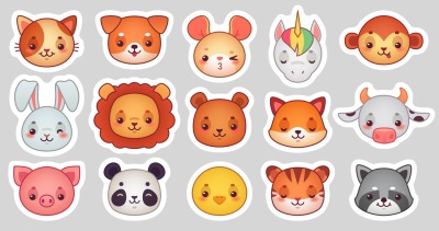 Animals face stickers. Cute animal faces&2C; kawaii funny emoji sticker o