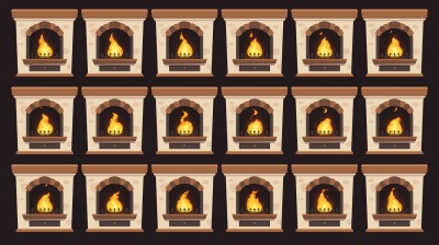 Animated fire in fireplace. Flames animation in retro home wood burnin