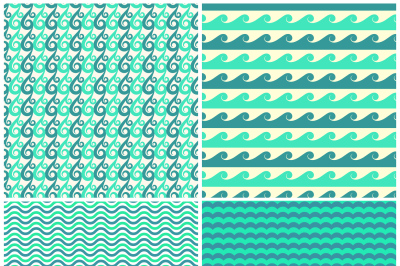 Set of vector aqua green waves seamless patterns