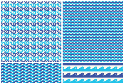 Set of vector blue waves seamless patterns