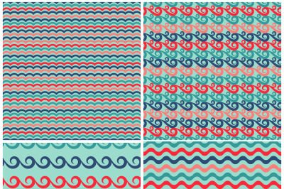 Set of swils and waves seamless patterns in retro colors