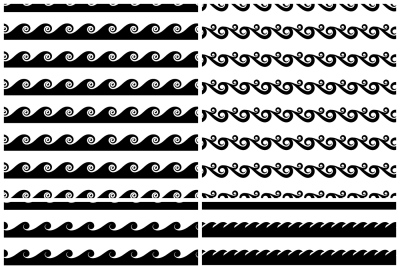 Set of swils and waves seamless patterns in black white