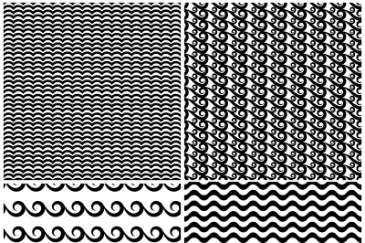 Set of swils and waves seamless patterns in black  white