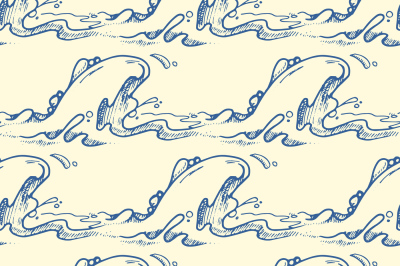 Blue hand drawn waves vector seamless pattern