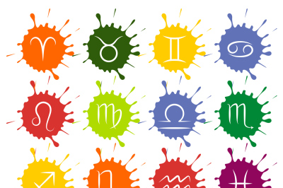 Set of vector Zodiac signs colorful paint drops