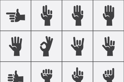 Hands gestures vector icons set in black and white