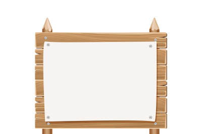 Wooden blank sign board with paper isolated on white
