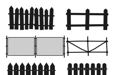 Rural wooden fences, pickets vector silhouettes
