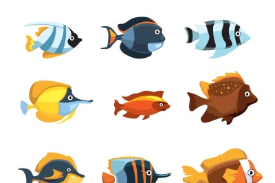 Cute cartoon tropical exotic freshwater aquarium fishes vector set