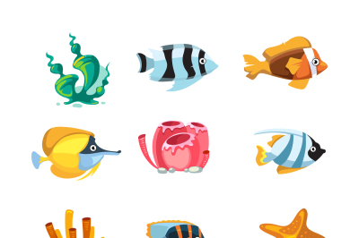 Vector cartoon aquarium decor objects, underwater assets for mobile ph