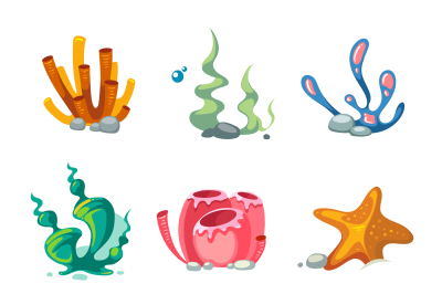 Seaweeds aquarium decoration cartoon vector set for video game