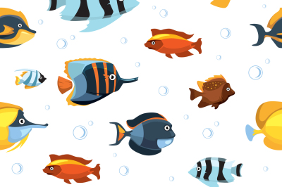 Underwater life with cute cartoon fishes vector seamless pattern