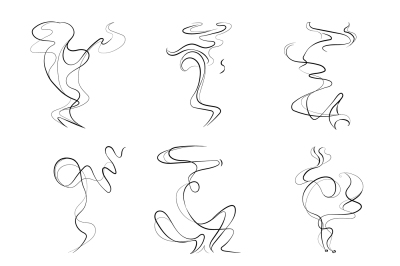 Smoke spiral lines, smoking smell, odor vector set