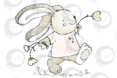 Cute &#039;Rabbit Skipping with Flowers&#039; | Clip Art Illustration