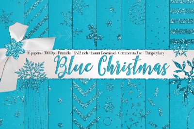 16 Blue Glitter Christmas Printable Digital Papers 12 inch