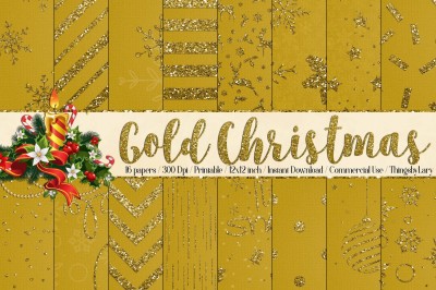 16 Gold Glitter Christmas Printable Digital Papers 12 inch