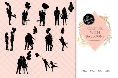 Couples with Balloons Silhouette Vector