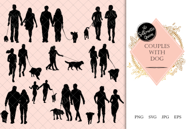 Couples with Dog Silhouette Vector