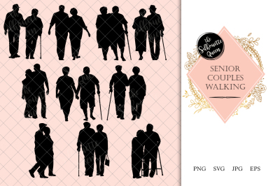 Senior Couples Walking Silhouette Vector