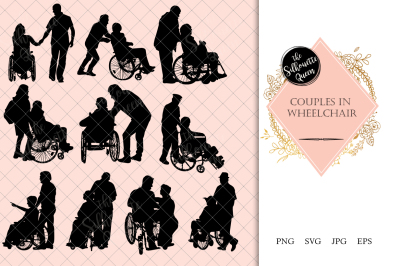 Couples on Wheelchair Silhouette Vector 