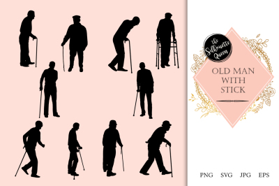 Old Man with Stick Silhouette Vector