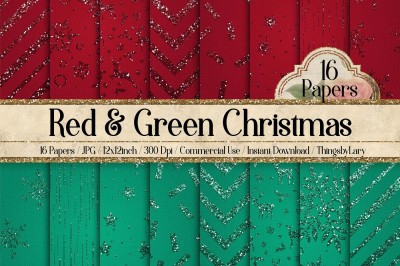 16 Red and Green Glitter Christmas Printable Digital Papers