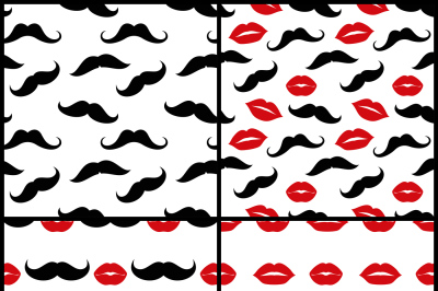 Lips and mustaches vector seamless patterns set