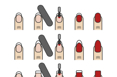 Manicure process vector icons set. Different nail styles