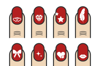 Manicure with nail art vector icons set