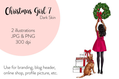 Watercolor Fashion Illustration - Christmas Girl 7 - Dark Skin