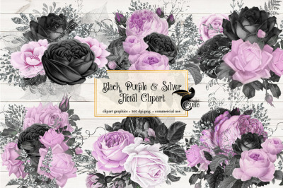 Black Purple and Silver Floral Clipart