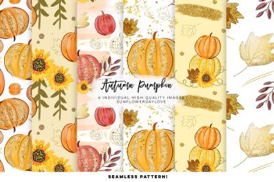 pumpkin pattern digital paper, autumn leaves digital paper