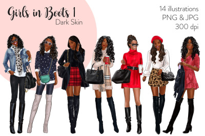 Watercolor Fashion Clipart - Girls in Boots 1 - Dark Skin