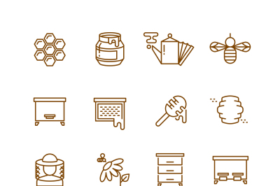 Honey, bee, beekeeping thin line vector icons set