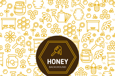 Honey wrapping vector background with bees and honeycombs symbols.