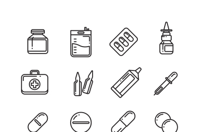 Pills&2C; drugs&2C; pharmacy medicine&2C; medication line vector icons